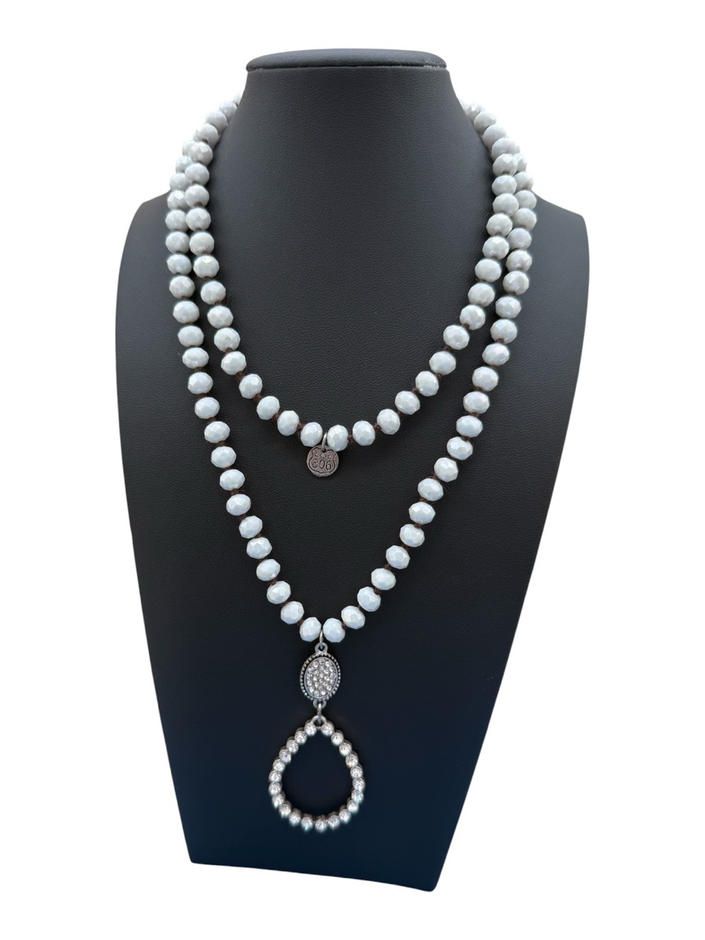 White Faceted Glass Beaded Long Necklace with Rhinestone Teardrop Pendant